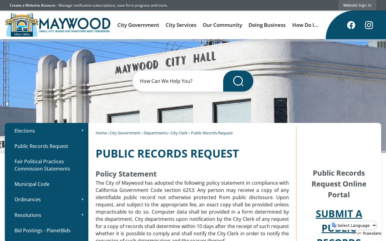 Maywood residents directory public records request page